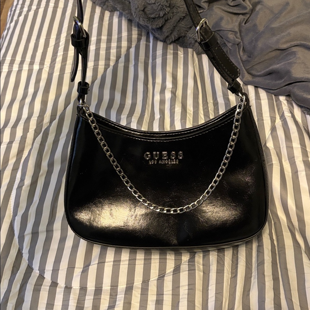 GUESS Shiny Black Bag with Chain Accent
